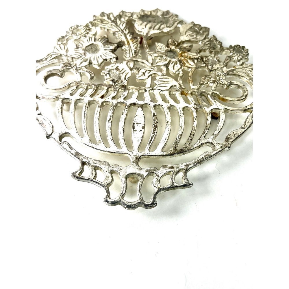 Vintage EP Zinc Italy Flower Basket Trivet Silver Tone Floral Wall Decor Piero